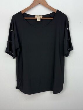 Diana Belle Black Top Short Sleeve Blouse with Button Accent Sz XL